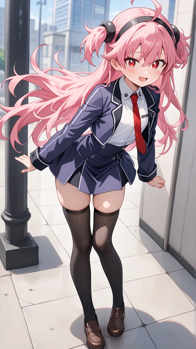 BREAK looking at viewer, BREAK (masterpiece:1.2), best quality, high resolution, unity 8k wallpaper, (illustration:0.8), (beautiful detailed eyes:1.6), extremely detailed face, perfect lighting, extremely detailed CG, (perfect hands, perfect anatomy),city,street,night,wet road, zero two, (green eyes:1.5), hairband, horns, long hair, pink hair, red horns, white hairband,jacket, leggings, red jacket, white footwear,skinny fit,long legs, in middle of street,unbuttoned shirt,cleavege,neckline,bra vissible,black pantyhose,sitting on bench, sitting with cross legs,