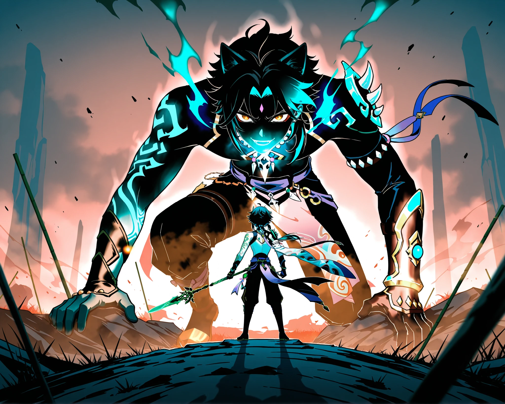 Xiao, from the video game Genshin Impact, killing demons, ominous aura, In a wasteland full of s, epic image,
