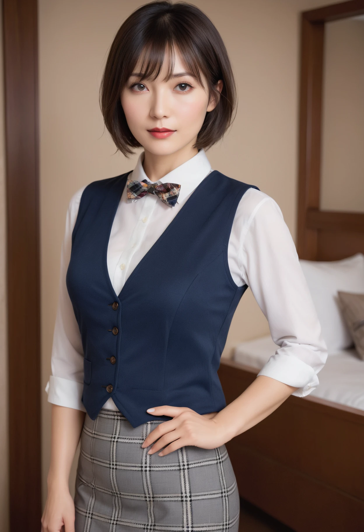 (born, highest quality, masterpiece:1.5), (photo-realistic, intricate details:1.2), ultra high resolution, disorganized,
1 girl, beautiful face, blue eyes, green eyes, fine eyes, symmetrical eyes, light shines on your face, blush your nose, short hair, bun hair, black hair tie, 
clacks, vest, suit, pencil mini skirt, white shirt, silk scarf, black pantyhose, [:The 20th, :0.8],
smile, small dimples, suggest something sexual, 
medium breasts, slim waist, slim legs, long legs,
sitting on a chair in front of the desk, perfect body, good proportions,
looking at the viewer, 
(office, indoor, hyper detailed background:1.2), Japan, Copier, file cabinet, computer, monitor,
shiny skin, real skin texture, 
Natural light, vestライティング, detailed background, detailed shadow, sharp focus, The depth of the written boundary f/2,
saturated, high contrast, strong light and shadow