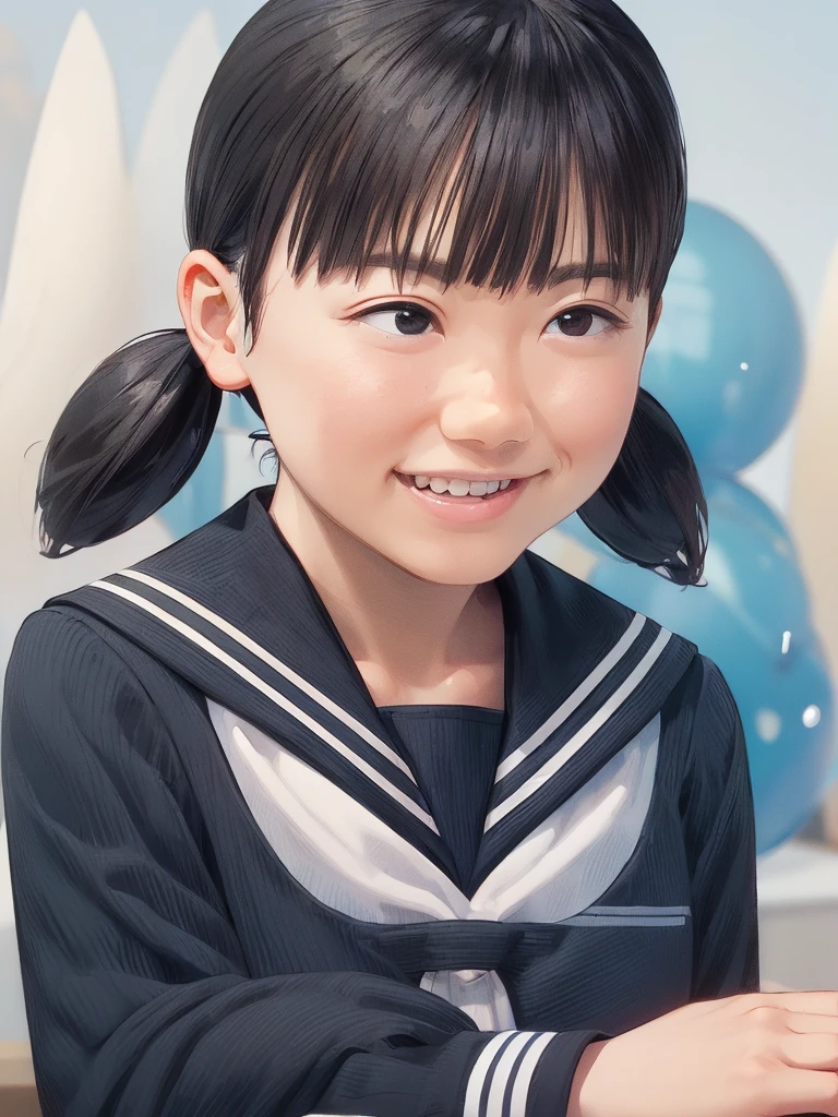 (1 girl, alone, Japanese Girls), 13 years old,Highest quality, 8k, High resolution, Very detailed, (Portraiture), Remember, Black Hair, ponytail, Glowing Skin, Flat Chest, smile, (Middle school students:1.5, uniform, White collared shirt, bow tie,), summer, blue sky, thunder head, Ocean,
