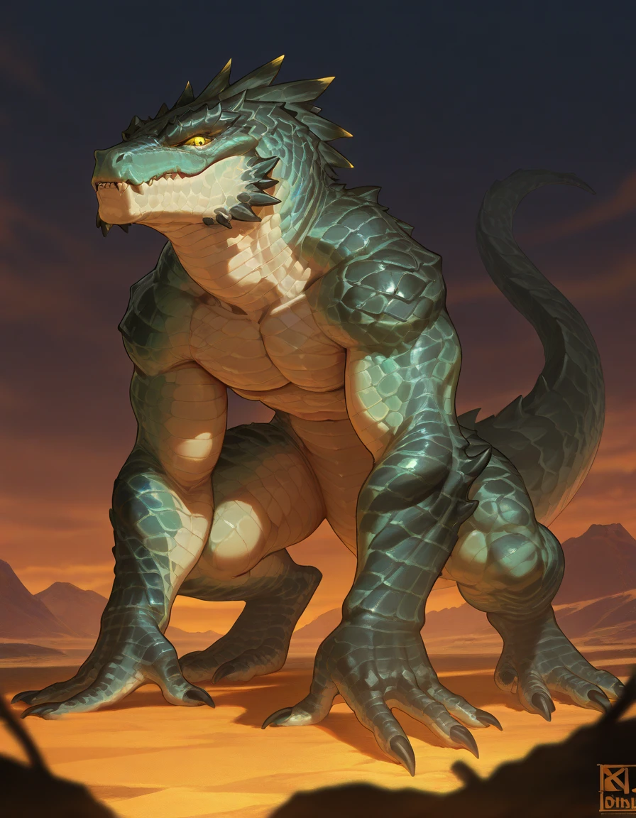 masterpiece, best quality, amazing quality, very aesthetic, absurdres, newest, scenery, extreme detail, 8k, detailed eyes, yellow eyes, by Riolutiny, anthro, reptile, male, scalie, lizard, solo, extremely detailed scales, yellow eyes, bara, the Blue tongued Skink and the green tailed skink hybrid, dark-green body, thick tail, glowing iris, strong, thick scales on arms and legs, marked jaw, alien bar background, looking at viewer, front view, scifi, Cyber arms, cyber legs