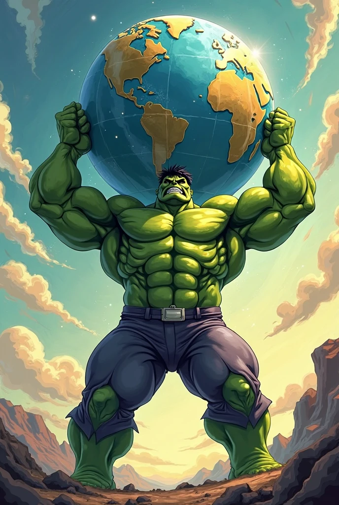 Hulk lifting planet Earth, the planet looks small, Hulk is immense compared to planet Earth with a space background.