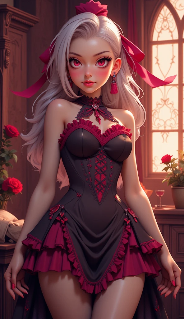 ((masterpiece, Best Quality)), ((intricate details)), ((realist, photorealist)), ((Full Body Portrait)), ((Instagram Photo of a Waifu E-girl wearing aretes)), Mary R., inspired by Emma Andijewska, wrapped in crystals,(masterpiece:1.3), (Best Quality:1.3), (Ultra-detailed:1.2), ((kawaii)), Cute, (lovely), ((sexy)), ((Sexy Attractive Body)), ((Sexy Curvy Hips)), ((Sexy Beauty Legs)), ((Perfect Detailed Anatomy)), ((Extremely detailed)), 4K, (8K), Best Quality, (Beautiful), Illustration, anime style, (bold line:1.2), Gradation,(best quality, ultra-detailed, photorealistic: 1.39), bright and vibrant colors, studio lighting, (Perfect eyes:1.2), (Perfect iris:1.2), ((romantic kawaii expression)), ((cute delicate smile)), ((kawaii makeup)), ((17-year-old e-girl)), ((Short Red Bouffont Dress)), ((platinum braided and curl white hair)), ((cat ears)), big breasts, fit, long wavy hair, mercenary, Mary R.