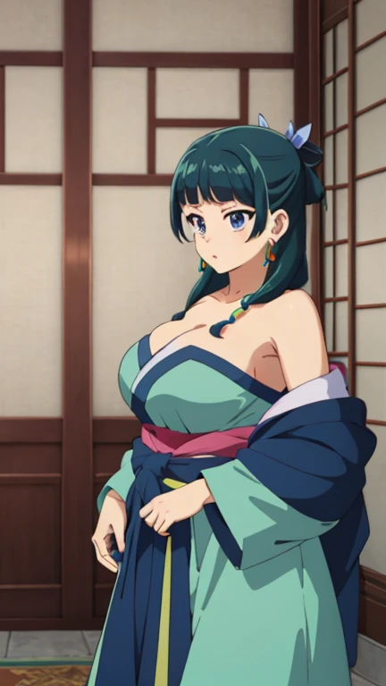 (((Highest quality、Ultra-high resolution、masterpiece: 1.2))), Highly detailed anime art style,Teen Style, (Off the shoulder,Earrings, A luxurious interior of the Tang Dynasty harem), Detailed green hair, Detailed blue eyes, Complicated hairstyle, Long Hair,Sparkling eyes,like々Shii,hair accessory, チャイニーズEarrings着用, She has a hairpin on her head、Half Up, Slightly blunt bangs, Detailed lighting, Bright colors, Looking at the audience, 45 degree top down shot、Facing forward、Stand in the center of the image、Cowboy Shot,Cat、Curvaceous、Big Breasts、Big Ass、High-end kimono、Traditional Tang Dynasty Kimono、Crimson lipstick、Courtesan-style costume、