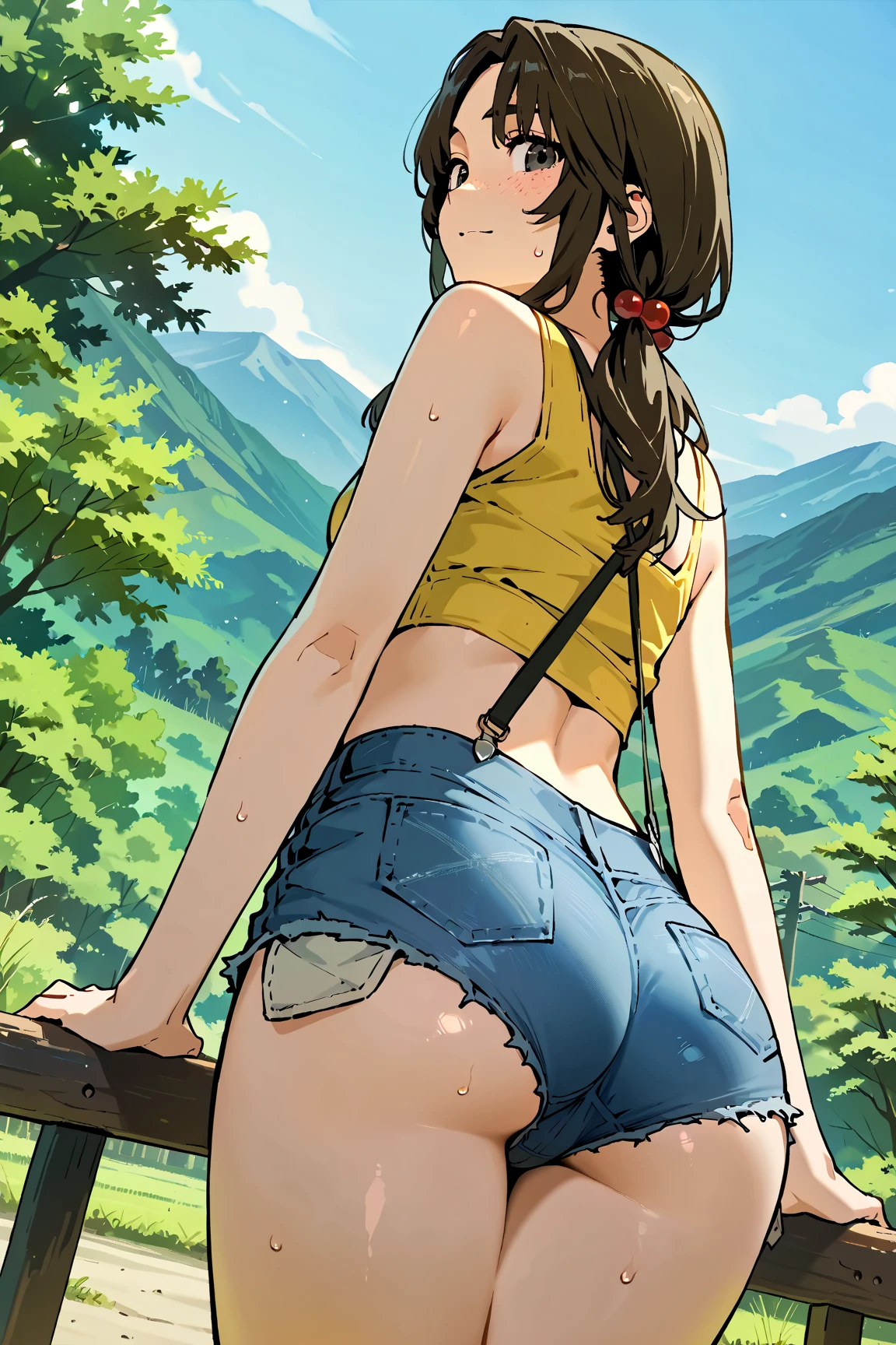 cowgirl's massive rear butt cheeks from behind out of bottomless spaghetti strap tank top out bare and wet boots spreading her legs, gloved hands hidden behind head, sunglasses