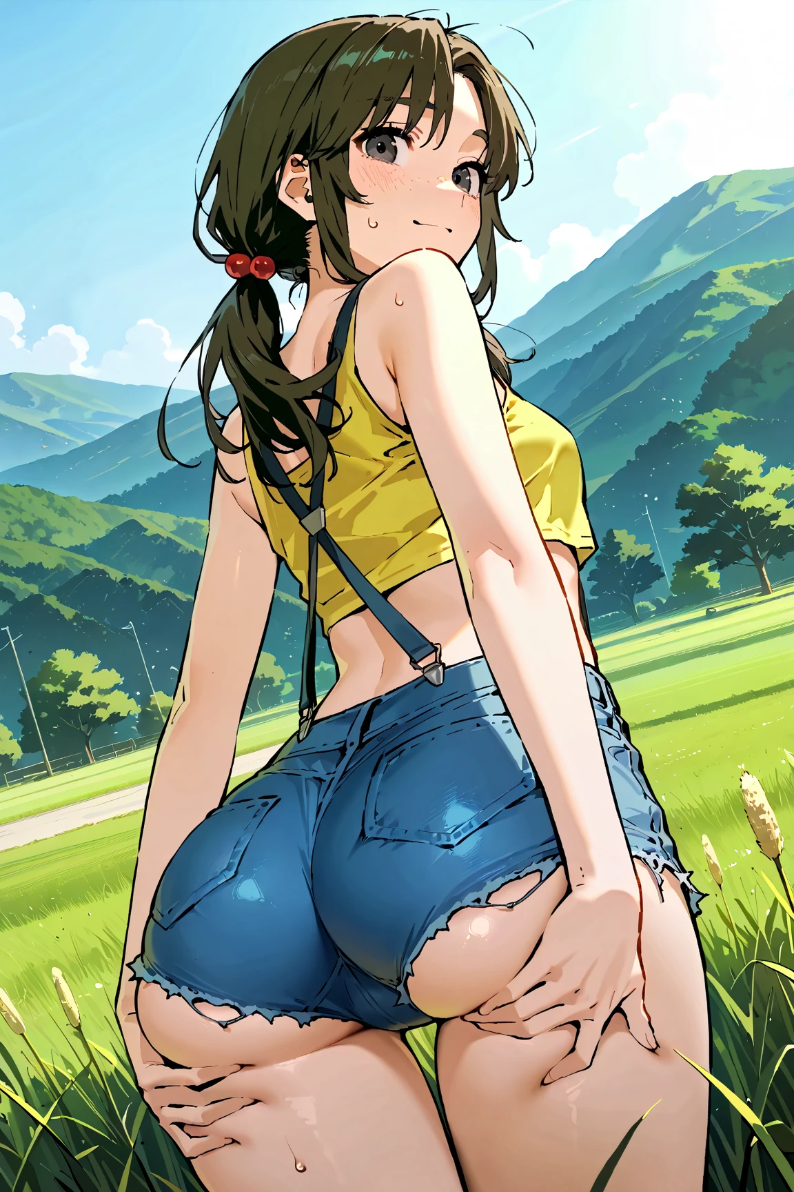 beautiful, (masterpiece:1.2), (best quality:1.2), perfect eyes, perfect face, perfect lighting, 1girl, ass, back, backboob, baseball cap, black panties, breasts, brown hair, crop top, cutoffs, denim, denim shorts, facing away, from behind, hat, highleg, highleg panties, long hair, median furrow, large breasts, micro shorts, panties, ponytail, short shorts, shorts, sideboob, simple background, solo, tank top, thighs, thong, underboob, underwear, field, grass, walkway, huge ass, wide hips, arms at side
