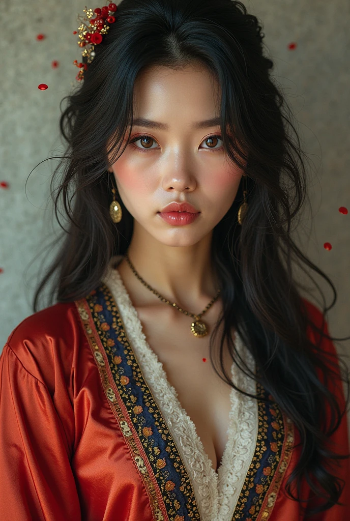 there is a woman with long hair wearing a red dress, red lace, long hair and red shirt, asian girl with long hair, red waist-long hair, 2 4 year old female model, asian female, asian hyperdetailed, asian, lacey, mai anh tran, asian woman, wearing a red cheongsam, asian girl, basia tran