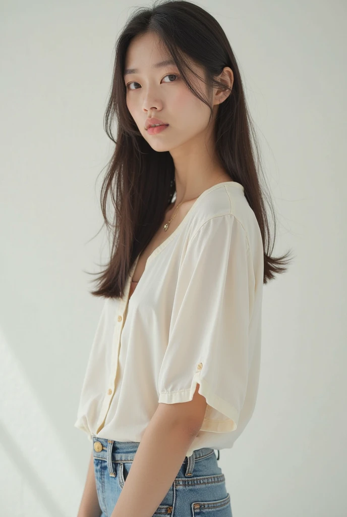 there is a woman with long hair and a white top, 18 years old, 21 years old, 2 , an asian woman, asian girl, a young asian woman, south east asian with round face, 2 7 years oldale, 2 3 years old, beautiful, 2 4 year old female model, 1 8 yo, blouse wearing