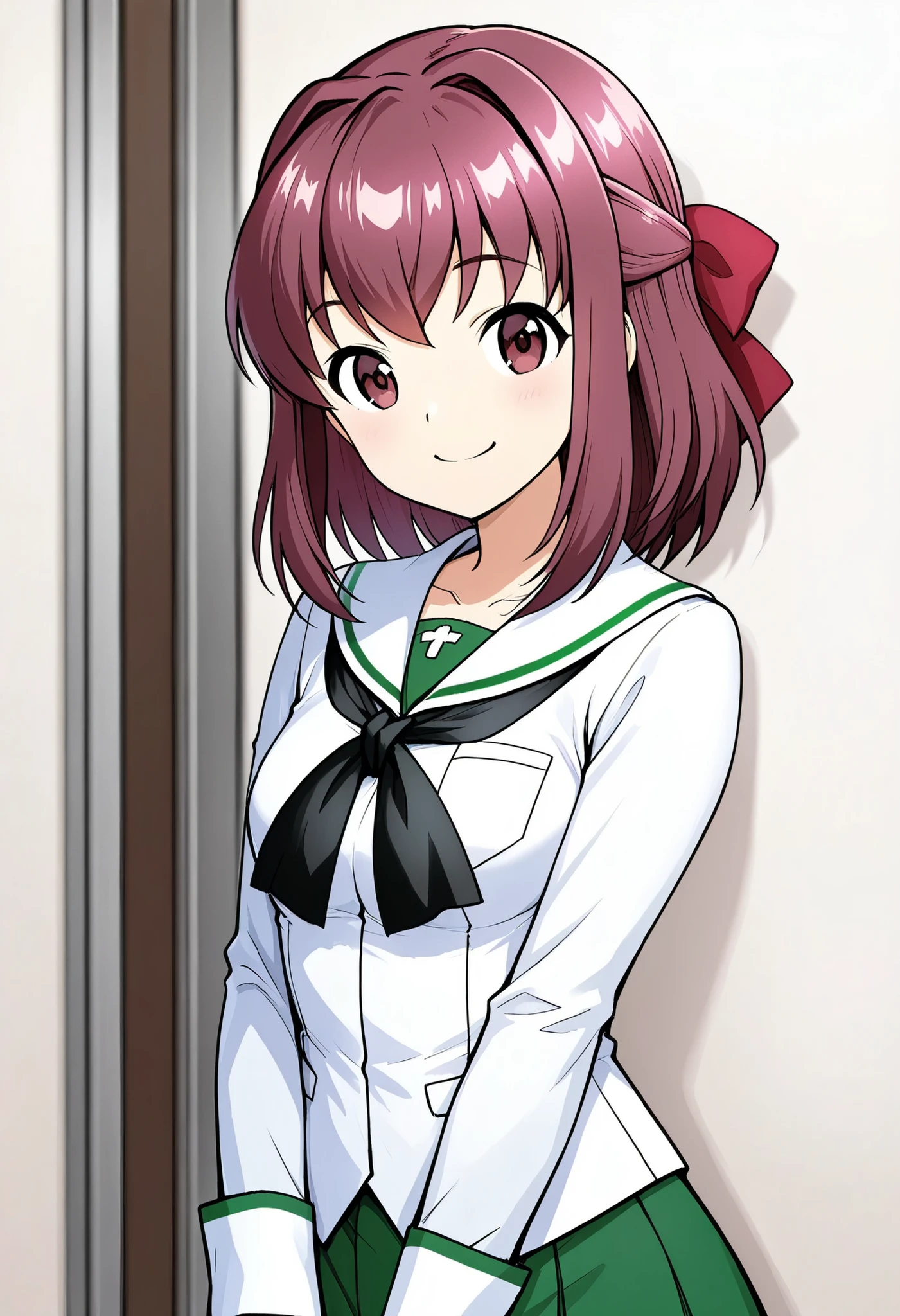 high resolution、Highest Quality、super quality、shot from the front、is smiling、one girl、solo、 Kondo Taeko 、smile、Absolute reference to center 、Red brown pretty eyes、 shiny brown hair , short hair ,Red Ribbon、 ( Beautiful brown eyes )、 very detailed face, highly detailed eyes, masterpiece , Oarai Girls' Academy Uniform、white school sailor、green skirt、 small breasts、cowboy short、