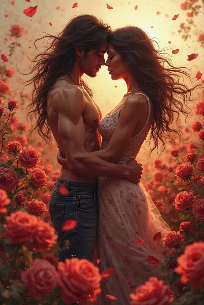 I want two  field of red roses about to kiss one has blond hair and brown eyes and the other has tanned brown eyes and black hair Two men