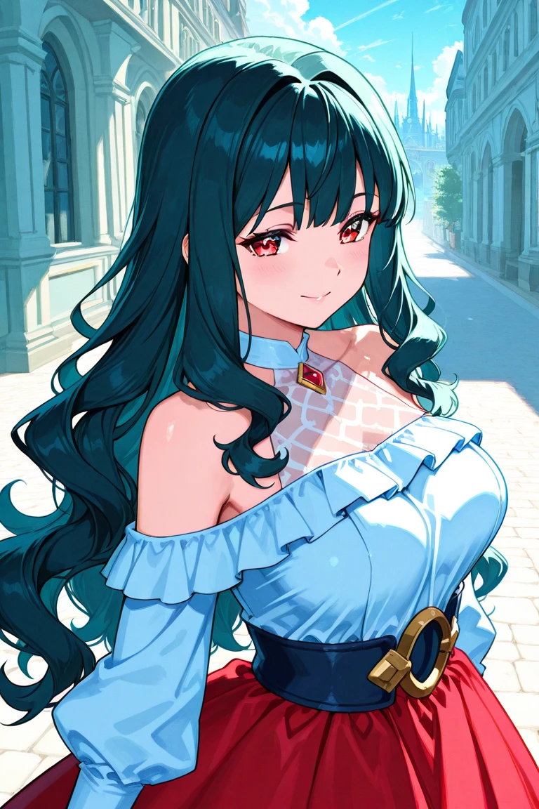 female fictional character in anime wear a black dress with a necklace and earrings, roxy migurdia, long hair, blue eyes, jewelry, blue hair, 1girl, dress, braid, hair between eyes, ahoge, very long hair, looking at viewer, bracelet, collarbone, bangs, shiny hair, necklace, earrings, strapless, closed mouth, bag