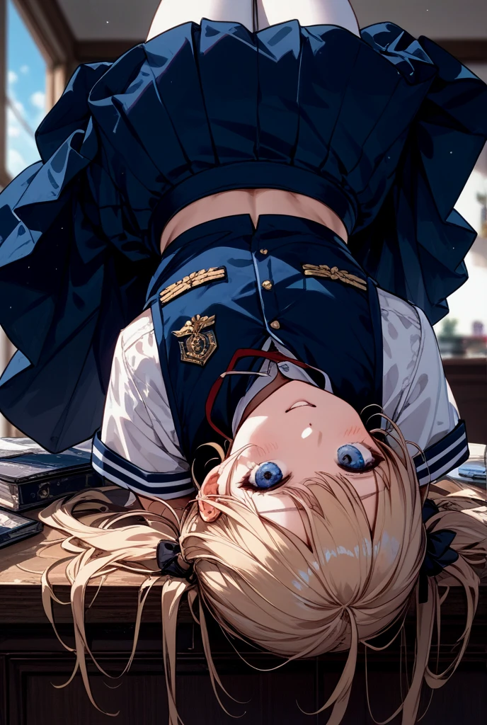 nswf,Arisburg, Alice Zusberg, bangs, blue eyes, Blonde, Hair between the eyes, Very long hair, Braiding, hair band, 白いhair band,((Blazer and Checkered Pleated chool uniform)) Cute girl with undisputed body、[3D Images:1.25],[[Attractive eyes,Detailed eyes、Colorful eyes、Shining Eyes:1.25]]、 highest quality, High resolution, Unity 8K Wallpaper, (figure:0.8), (Beautiful fine details:1.16), Highly detailed face、Dress appropriately, Beautiful fingers、 Elegant,Ultra-precision、[[3D Images]]、[[High quality anime girl with brown hair and brown eyes]]、(((頭からつま先までの構figure)))、(Black knee-high socks)、(loafers)、((skirt lift:1.3))、(((White panties are visible)))、((open legs:1.5))、(((Raise both knees:1.4)))、((((Squatting pose))))、blush、(((Sitting)))、((((Normal position):1.5)))、((Detailed depiction of the crotch))、((Spread your legs wide:1.5))
