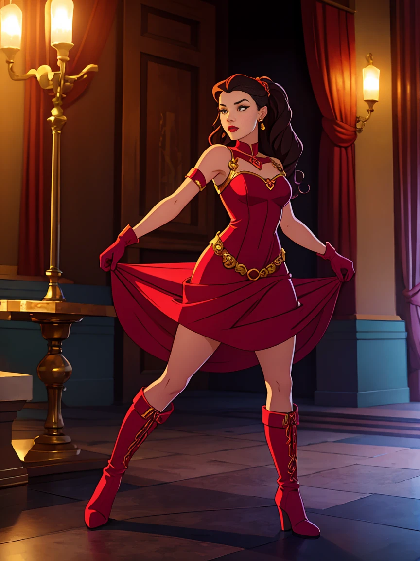 (((full body photo))) masterpiece, Best quality, Woman, Long wavy hair, pierced hairstyle, Bright lipstick, Decorations, in a long tight dress, wearing long gloves, with high boots, Heroine pose
