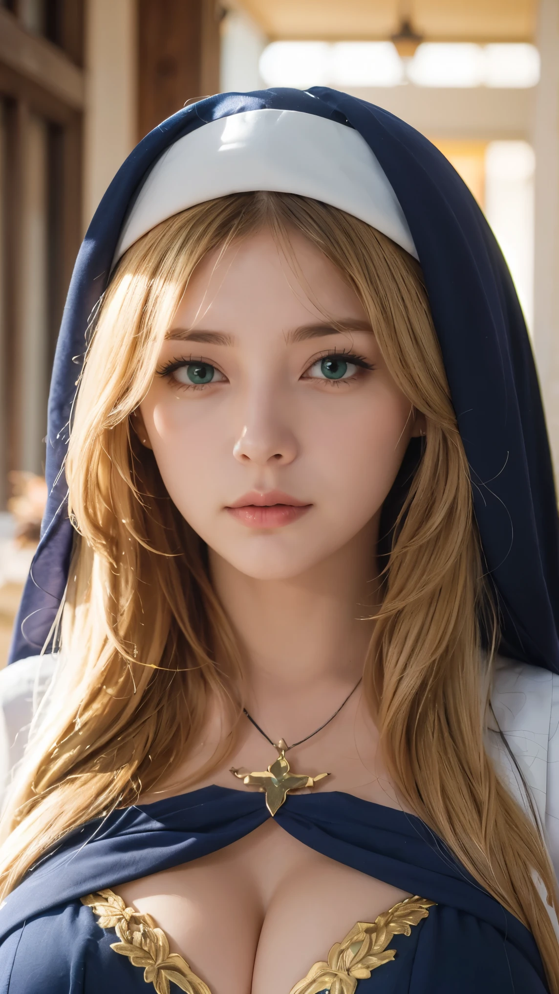 masterpiece,best quality,high resolution,8k,(( portraits)),(Head Magnification ), original photo ,real photo,digital photo,(Medieval Fantasy Woman),( Fantasy Sisters ), 25-year-old female,(Inky green gradation of hair),Long green hair,Red Eyes,(Long hair with green and gray gradient,green),(Big Breasts),Luxurious linen decoration, lips parted , Create Attractive, Glamorous Lips ,((grimace)),Serious and arrogant,Serene and handsome,(Medieval nun costume,cross,Intricate Garment Patterns), photo pose ,Medieval Characters Medieval Fantasy Style,Night City Background,oc rendering reflective texture, (Bokeh), () (cute, cute笑顔, Upward gaze), , (Heavy chest:1.1, ), Big Breasts), (Heavy chest:1.1, ),,,Cowboy Shots, ,,,(Cowboy Shots:1.4), , (Heavy chest:1.1, ), Big Breasts), (Heavy chest:1.1, ), staring at the viewer, , very long blond hair, braided hair,