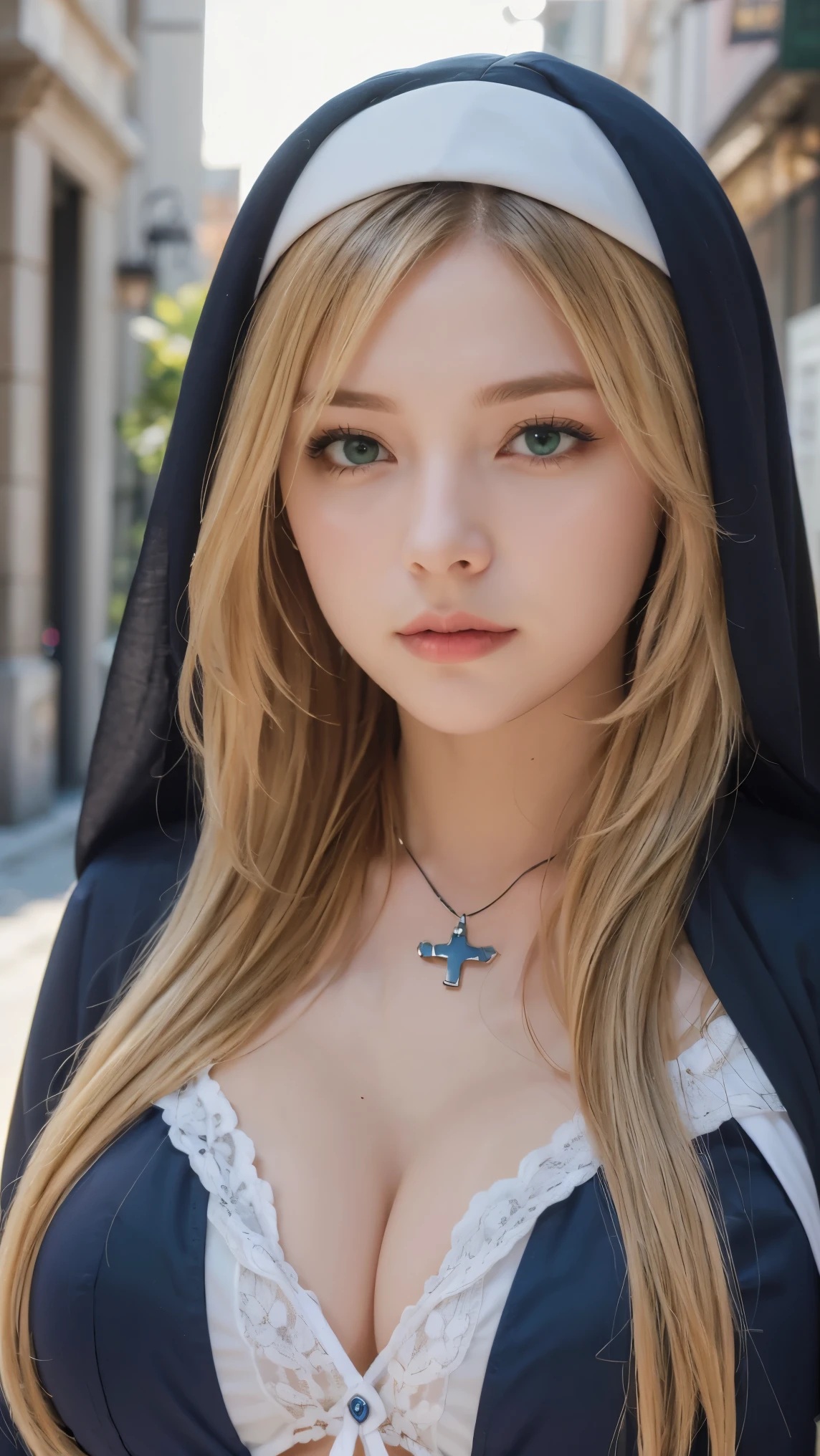 masterpiece，best quality，high resolution，8k，(( portraits))，(Head Magnification )， original photo ，real photo，digital photo，(Medieval Fantasy Woman)，( Fantasy Sisters )， 25-year-old female，(Inky green gradation of hair)，Long green hair，Red Eyes，(Long hair with green and gray gradient，green)，(Big Breasts)，Luxurious linen decoration， lips parted ， Create Attractive, Glamorous Lips ，((grimace))，Serious and arrogant，Serene and handsome，(Medieval nun costume，cross，Intricate Garment Patterns)， photo pose ，Medieval Characters Medieval Fantasy Style，Night City Background，oc rendering reflective texture, (Bokeh), () (cute, cute笑顔, Upward gaze), , (Heavy chest:1.1, ), Big Breasts), (Heavy chest:1.1, ),,,Cowboy Shots, ,,,(Cowboy Shots:1.4), , (Heavy chest:1.1, ), Big Breasts), (Heavy chest:1.1, ), staring at the viewer, , very long blond hair,  braided hair,
