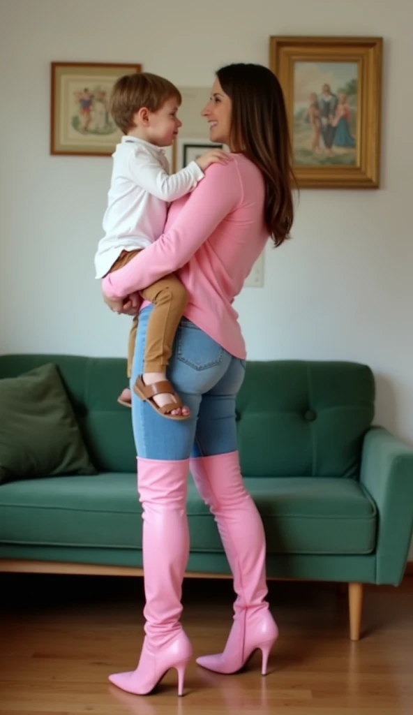 10-year-old boy lifting and carrying a beautiful woman who kisses his cheek
