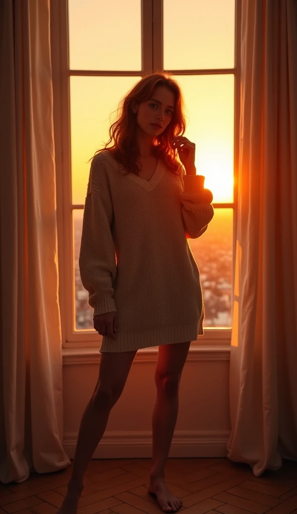 Show entire body, feet in view, gorgeous Persian supermodel, curly brown hair in with blond highlights, huge breasts , wearing a baby sweatshirt, sheer black pantyhose, sneakers, Clear eyes、red lipsticks, standing figure、Create a slender lower body curve、Expressing adult femininity、rooftop,