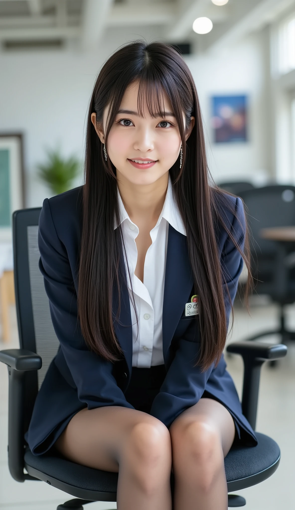 (full body image:1.5), (From the top of her head to the tips of her feet :1.5), Sleek long black hair , Professional Office Lady with Long Dark Hair, is sitting in a chair with her legs crossed, The height of the chair is 60cm, Highest Quality, detailed eye and skin textures, Studio Lights, 30 years old, dark eyes, elegant, medium chest, plump lips, earrings, navy tight suit , white blouse, miniskirt, brown pantyhose, high heels, name tag, long sleeve, slight motion blur , light motion blur, side view, Focused Expression, full body, (Put your shins or toes or high heels:1.5),