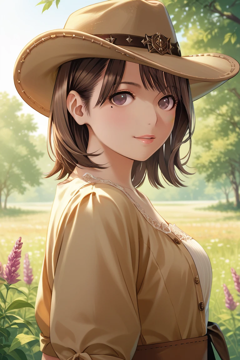 girl,(hotify:1.2) ,girl,suspenders,cleavage,field,crop,farm,brown_hair,hat,carrot between_breasts ,(masterpiece,detailed,highres:1.4)