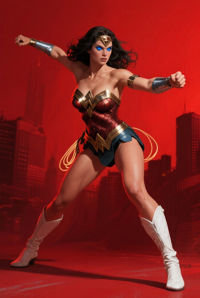 Wonder woman, Portrait photo by Altgarm, realism style, Glowing skin, Cartoon hero, Defined lips, Strong physical strength, Feminine body, Full body, viewer, Depth of field f/1.8, Building Street, natta, ultra wide lens, ((Shooting from below)), (large udder:1.2),