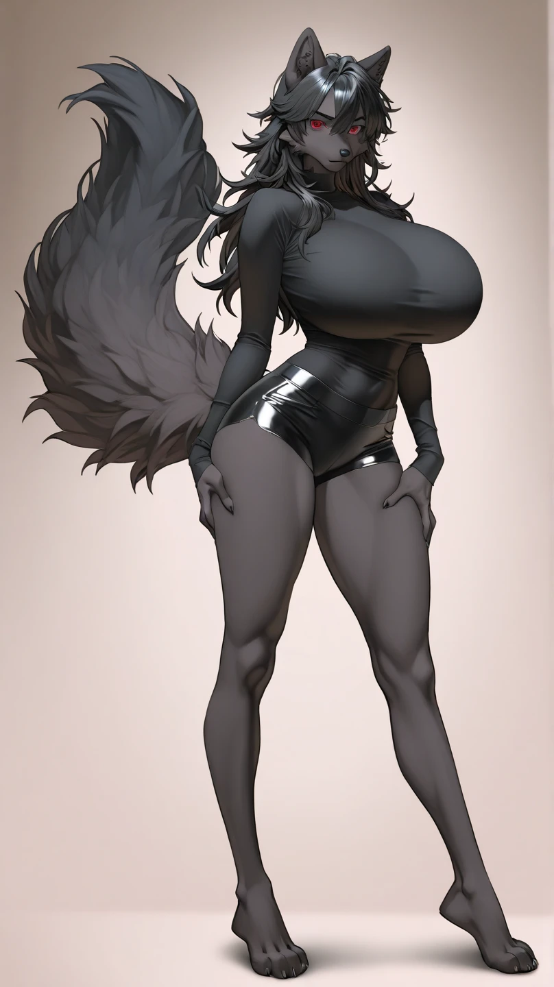 (full shot, back side view), ara ara meme, tall, voluptuous, athletic female, wolf, black fur, totally dark fur, white tribal markings on thighs, red inner ear, red one piece swimsuit, long sleeves, bubble ass, back, feet, 5 toes, sharp toenails, toe claws, red claws, perfect toes, plantigrade, wrinkled feet, soft soles, meaty soles, plump soles, sexy eyes, wide hips, curvy figure, curvaceous, wedgie, bearing hips, smooth fur, long fur face, thick thighs, thicc, bearing hips, long wolf tail, fluffy tail, wide and long snut, red inner ear, long wolf's mane, red eyes, narrow eyes, half-closed eyes, bedroom eyes, black clera, standing, hand on thighs, one feet up, on one leg, one leg up, feet together, on one leg, open toe heels, shoe dangle, looking at the viewer, Mocking Look, happy face, in a space ship
