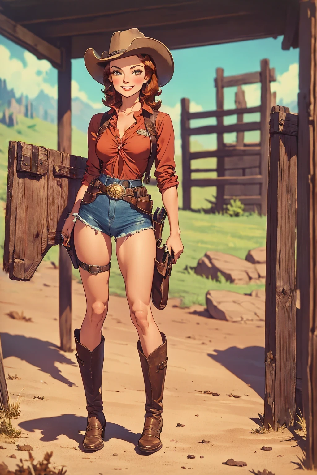 gorgeous Irish woman, cleavage, pirate, red hair, (freckles), heavy boots, clear blue eyes, seductive, ((belts))

