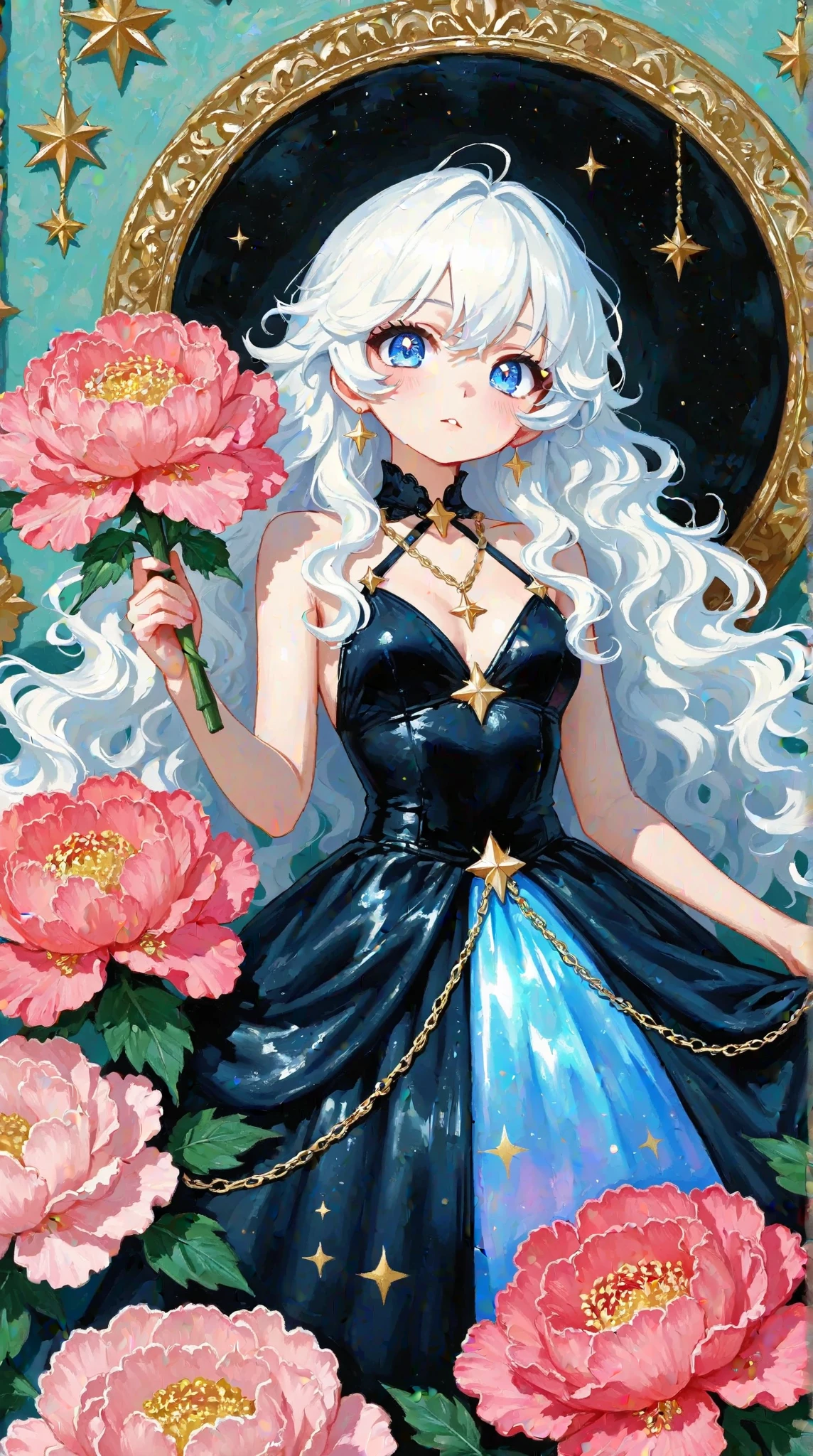 Rococo style，of people，Aesthetic and dreamy digital oil painting，Anime oil painting： beautiful big eyes，Long wavy hair，black gorgeous dress ，holding a peony flower in the hand，star chain，Plaster texture，高光