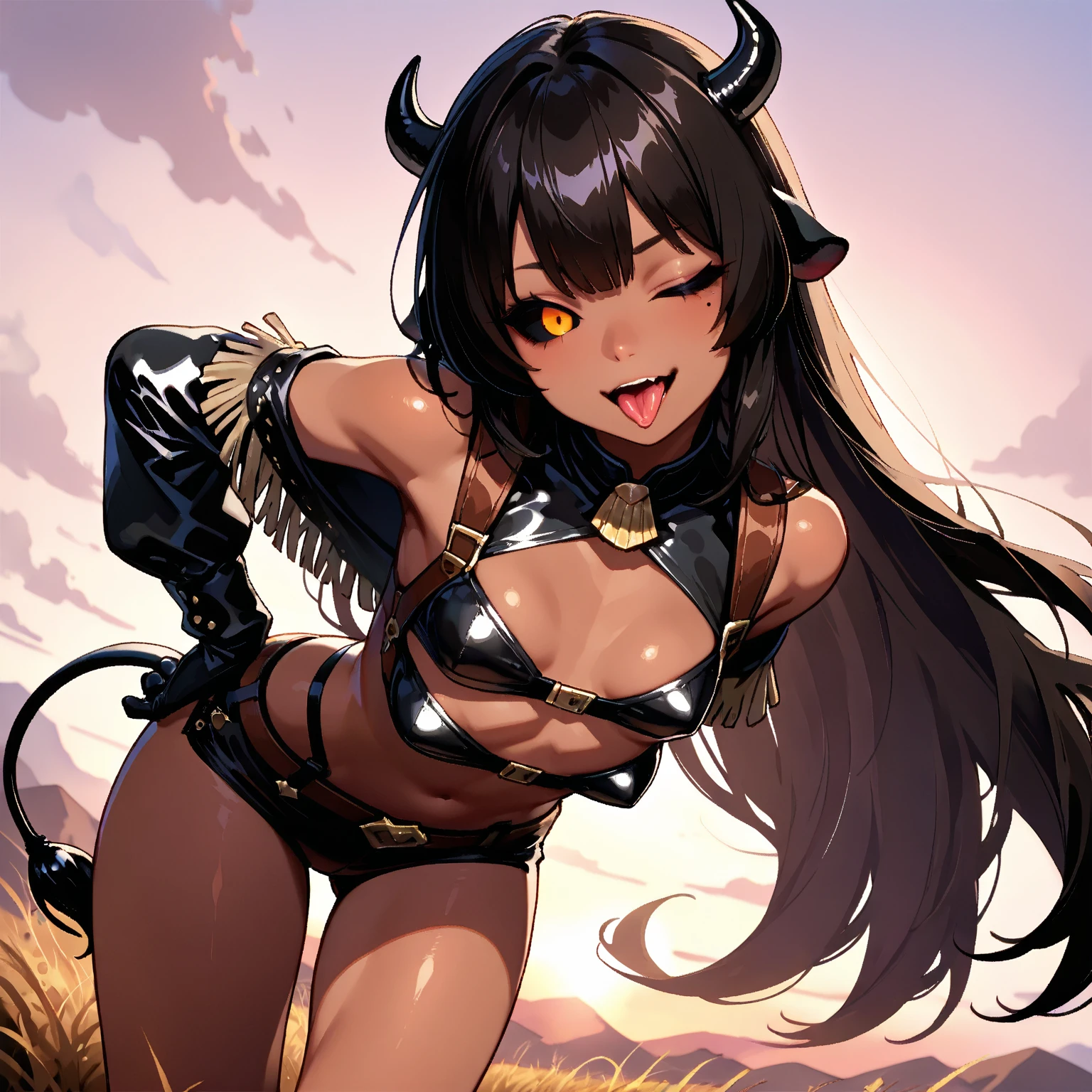 young Korean woman, ((with golden eyes)), ({a tail of lush sandy hair}), a predatory smile, a grin, tanned dark bronze skin, huge chest, powerful sculpted abdominal muscles, powerful sculpted leg muscles, powerful sculpted thigh muscles, powerful sculpted arm muscles, dressed in tight leather shorts, naked breasts with large nipples, nipple piercings, large gold rings, training in a dense tropical forest against the backdrop of a distant beach and an old galleon,