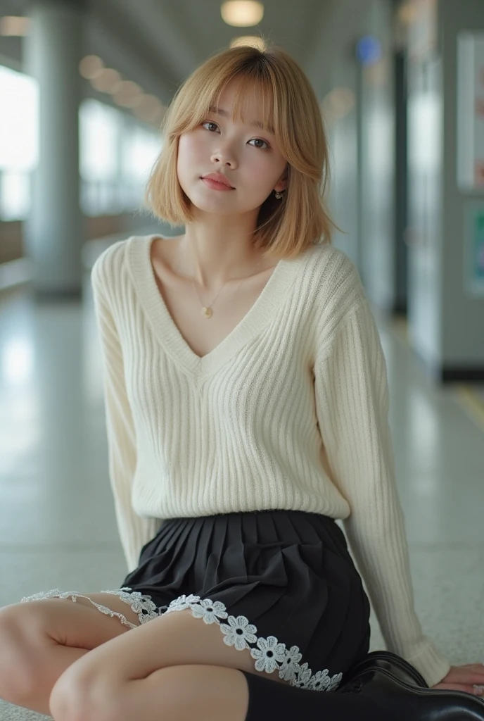 (8K、Raw photo、highest quality、masterpiece:1.2)、(Realistic、Photorealistic)、1 girl、((moving、mini skirt、table、Bend your elbows、big breasts、View from the front、Sit on a chair))、smile、Lots of eyelashes、Sparkle on your eyelids、skeletally correct