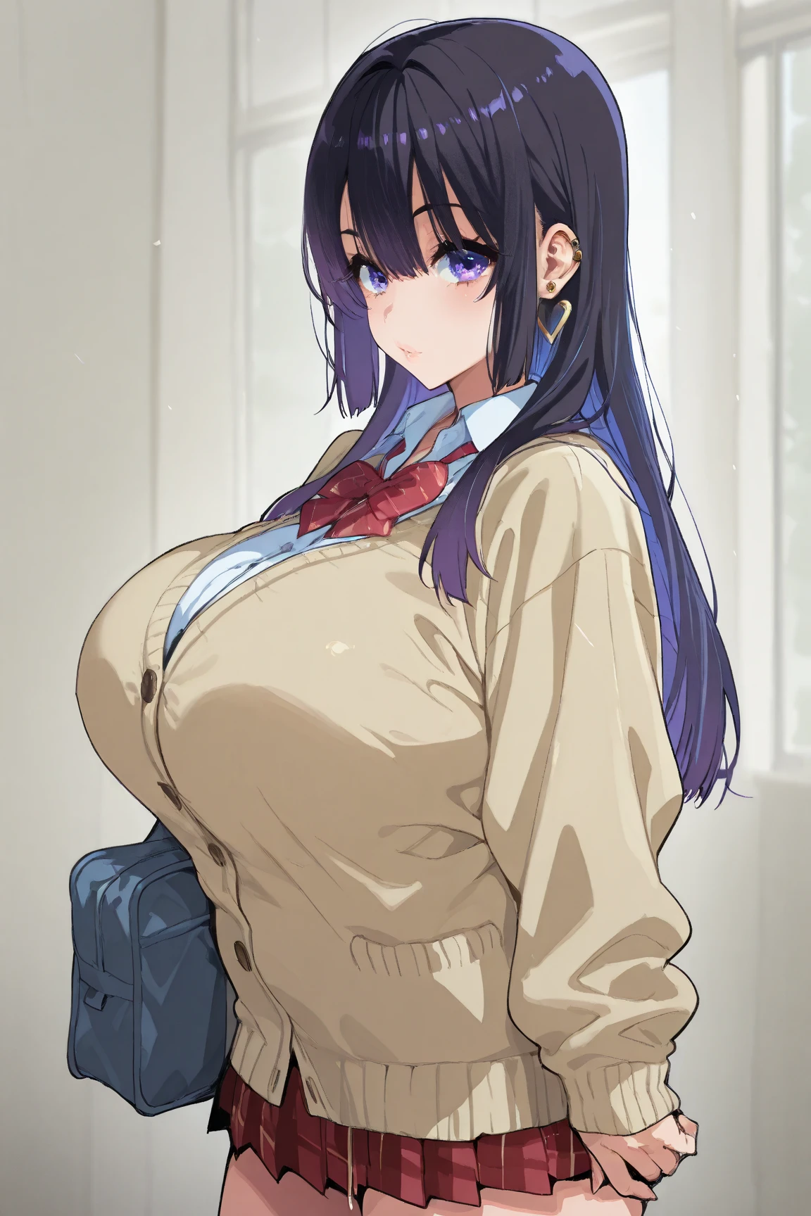1girl,(huge breasts:1.3),( sagging breasts:1.4),purple hairs, red eyes, school uniforms, glasses, sweater