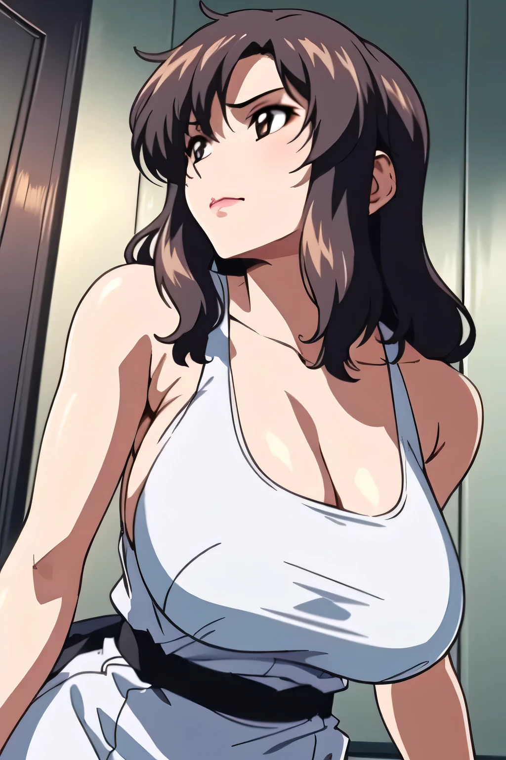 Cute mature women,plump, chubby, fat,realistic skin, realistic breast, muted colour,cold lighting, pale white skin, Nude,black hair, long hair, (hair over one eye:1.4), Messy hair,hair between eyes ,sleepy eyes , Sexy lips,pucker lipstik,charm,pubic hair pussy,dense pubic hair , extreme pubic hair,on the bathroom