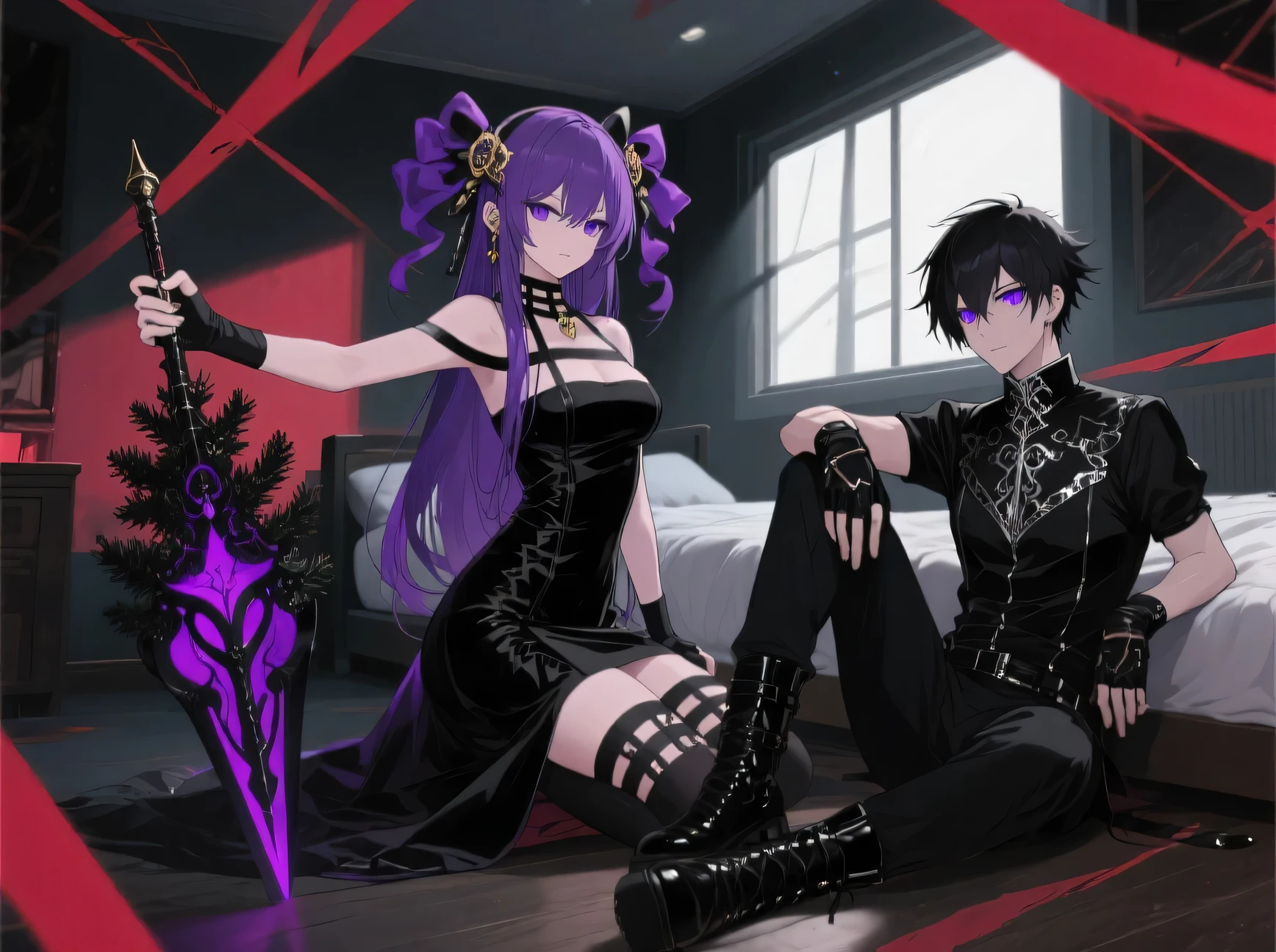 Vector, best quality, 8k, high resolution, high quality, romantic couple, lovers , Gothic mansion, beautiful girl wearing punk goth dress and boots and handsome guy in punk goth clothes, romance