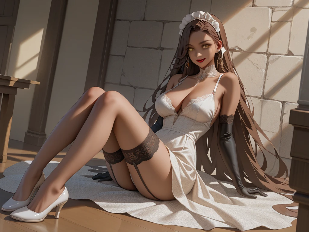 Zendaya sexy big thighs looking at viewer arched over in white thigh highs and maid top photo raw realistic