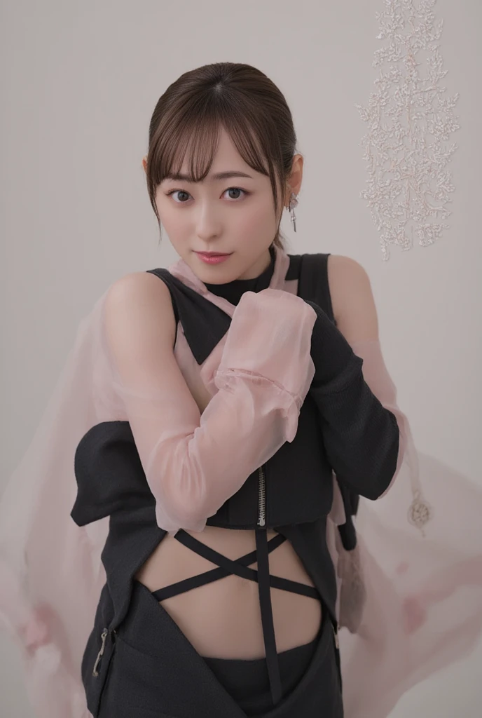 realistic, red background,1girl,solo,looking at viewer,standing,cowboy shot,small breasts,purple dress,cleavage cutout,jewelry,pelvic curtain,animal ears,double bun,elbow gloves,fishnet gloves,bracelet,thigh boots,