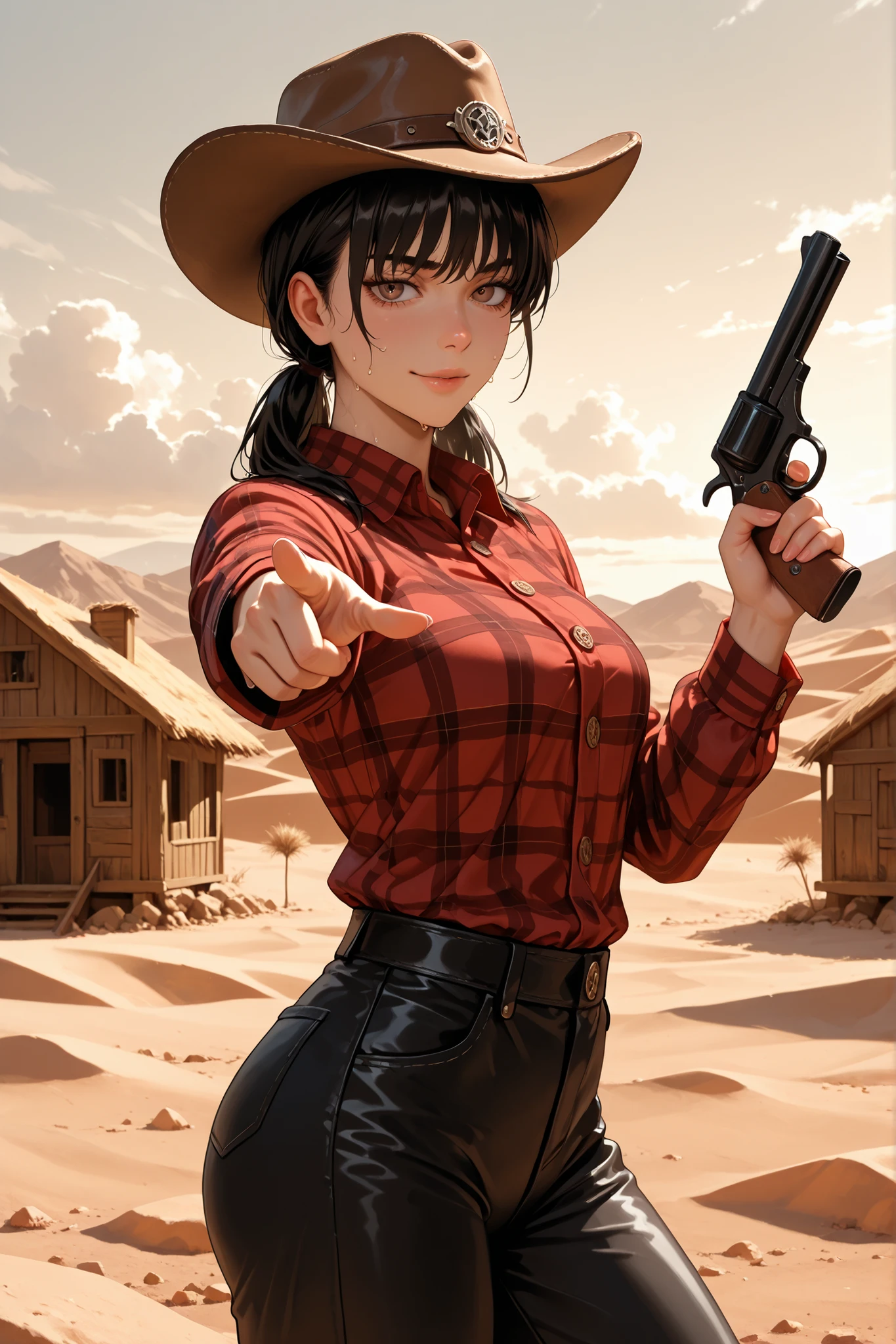 masterpiece , Best Quality , photo the cowboy , alone , 1 girl , mitaka asa , long hair , low ponytails , brown eyes , wearing cowgirl hat , seductive look , wry smile , sweat , looking at viewer , pointing gun at viewer , standing , holding gun , gun , hand up , red shirt , buttons , collared shirt , plaid shirt , long sleeves , black pants , attractive body , sensual pose , outdoors , desert , wooden houses , old west , cloud , blood