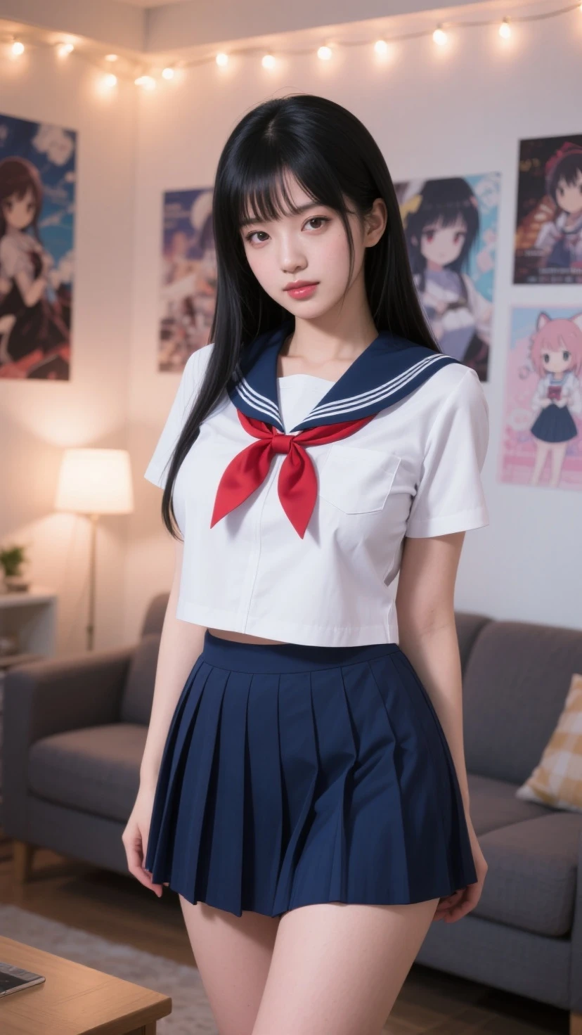 Masterpiece、Highest quality、Woman 1、Super detailed、nsfw、View from directly below the woman、Long legs Black Hair Navy Skirt、skirt lift、Lift the skirt yourself、White panties Soft thighs、under boob sailor uniform、Underboob、Exposing breasts from below Mansuji ceiling