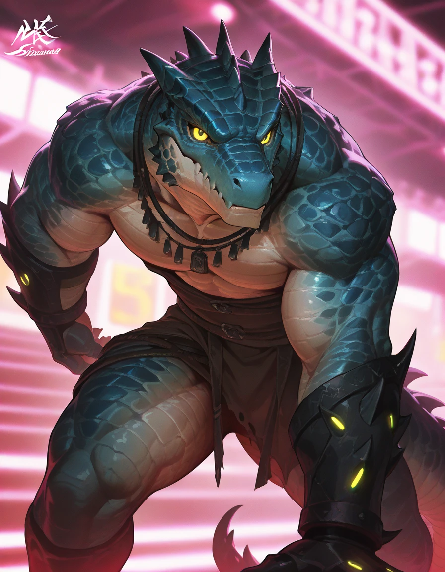 masterpiece, best quality, amazing quality, very aesthetic, absurdres, newest, scenery, extreme detail, 8k, detailed eyes, yellow eyes, by Riolutiny, anthro, reptile, male, scalie, lizard, solo, extremely detailed scales, yellow eyes, bara, the Blue tongued Skink and the green tailed skink hybrid, dark-green body, thick tail, glowing iris, strong, thick scales on arms and legs, marked jaw, alien bar background, looking at viewer, front view, In an alien bar, a towering lizardman stands out among the patrons. His body is muscular and covered in dark, textured scales that shimmer under the dim lights. Mechanical limbs replace his natural arms, showcasing intricate designs with glowing accents. Scars run along his torso and limbs, hinting at a fierce past. The bar is filled with strange, colorful creatures and futuristic decor, enhancing the otherworldly atmosphere.