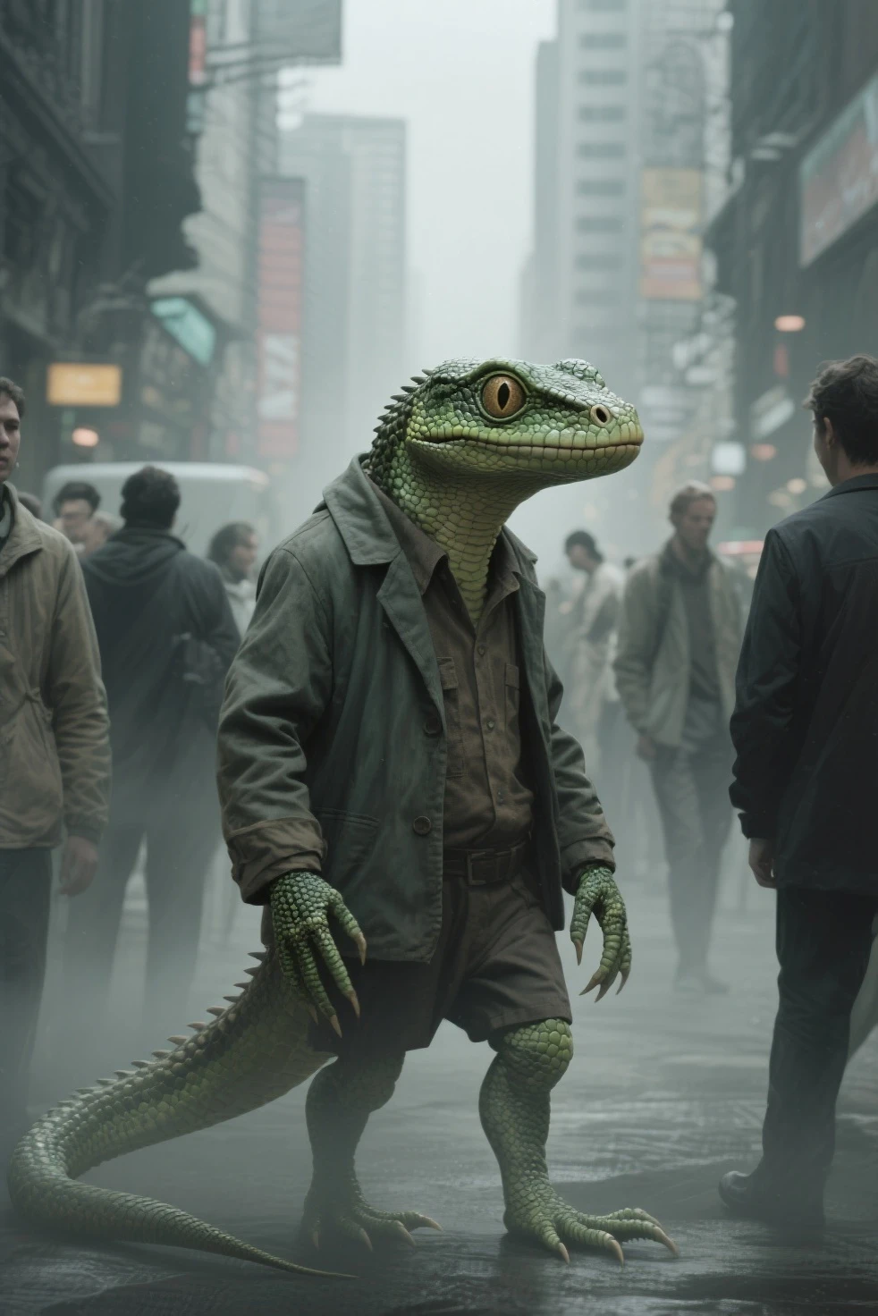 real photo of a reptilian sitting walking in the middle of the crowd