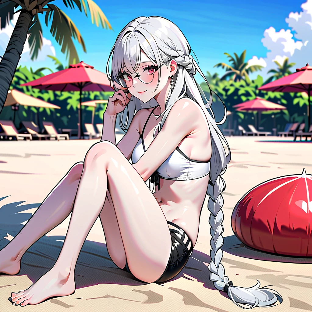 ((best quality)),((highly detailed)),masterpiece,absurdres,detailed face,beautiful face,(detailed eyes, deep eyes),1girl,((dynamic pose)), gold ship, white hair, solo, bow, large breasts, cowboy shot, beach, outdoors, seductive smile, looking at viewer, wearing beach volleyball uniform, put your hands behind your head, armpits, armpits visible, sweaty armpits