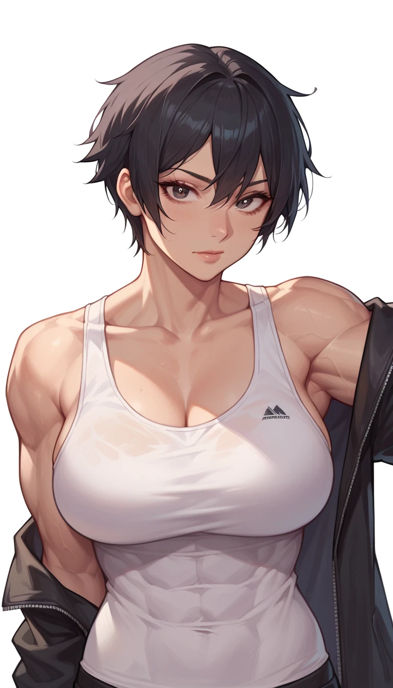 empty eyes empty eyes sad girl sad sad frown muscular massive breasts black hair yellow eyes pale skin toned body