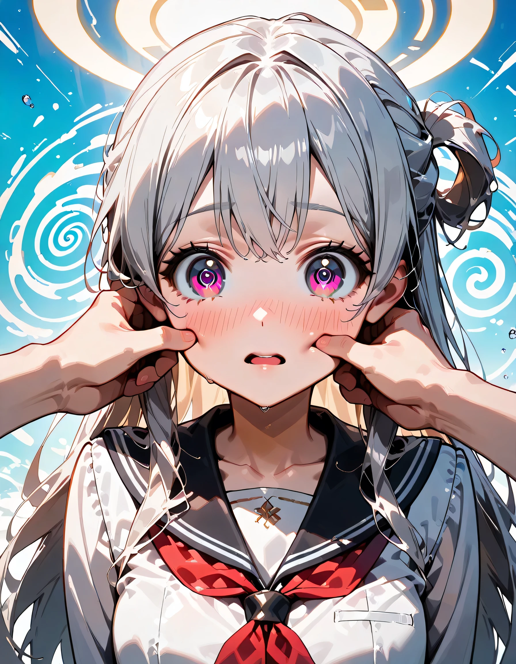 ((ultra-detailed)), (highly detailed CG illustration), (best quality:1.2), ultra-highly detailed, colorful composition, artistic photoshoot, 1girl, solo focus, ((upper body)), moe anime character, girl, dainty facial structure, (baby face), (round face), ((rounded chin:1.2)), blue eyes, ((swirl eyes:1.4)), ((long silver hair)), ((half updo:1.3)), ample breasts, school uniform, sailor suit, traditional Japanese style with navy blue and white colors, ((surprised:1.3)), ((blush:1.3)), ((looking viewer)), ((Sweat:1.3)), ((being pinched cheek by other girls:1.3)), ((blue splash background)), from front, best quality, masterpiece, expecting, pink cheek, blush, light pink gloss slip, portrait, depth of field, soft lighting, sidelighting, (shine), lighting, caustics, ray tracing, smile, perfect face, lustrous skin, highly detailed face, highly detailed eyes, perfect face, perfect nose, perfect hair, perfect eyes, perfect anatomy, beautiful hair, beautiful small face, extremely detailed face, beautiful detailed eyes, beautiful clavicle, beautiful body, beautiful ample breasts, leavage, breasts squeezed together, equalize the size of the left and right breasts, beautiful thin thighs, beautiful legs, beautiful fingers, 4 fingers, 1 thumb, lovely, (very detailed background:1.0), (highly detailed background:1.0), spring aesthetic, intricate details, joyful atmosphere, spring colors palette, chromatic aberration