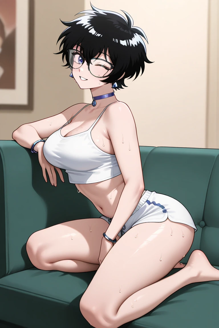 Sexy,bra,short jeans,sit down bend knees pose