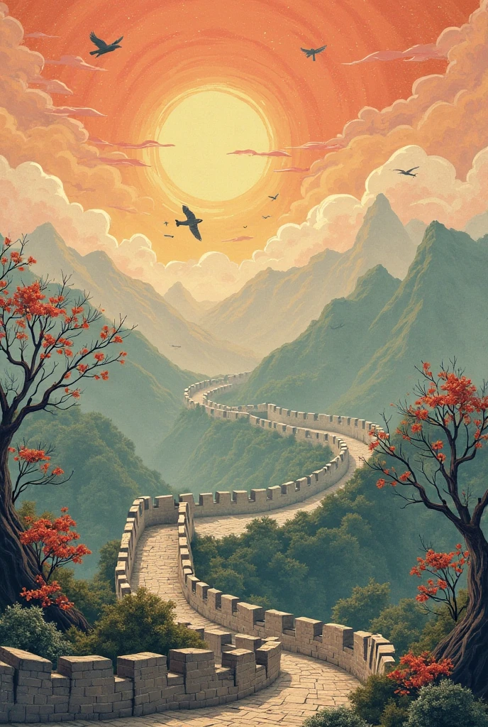 China ink painting,ink,The sunset and the solitary crane fly together,The autumn water is the same for a long time,The beauty of ancient poetry,the setting sun,Wild geese in the sky in the distance,Ancient buildings are scattered