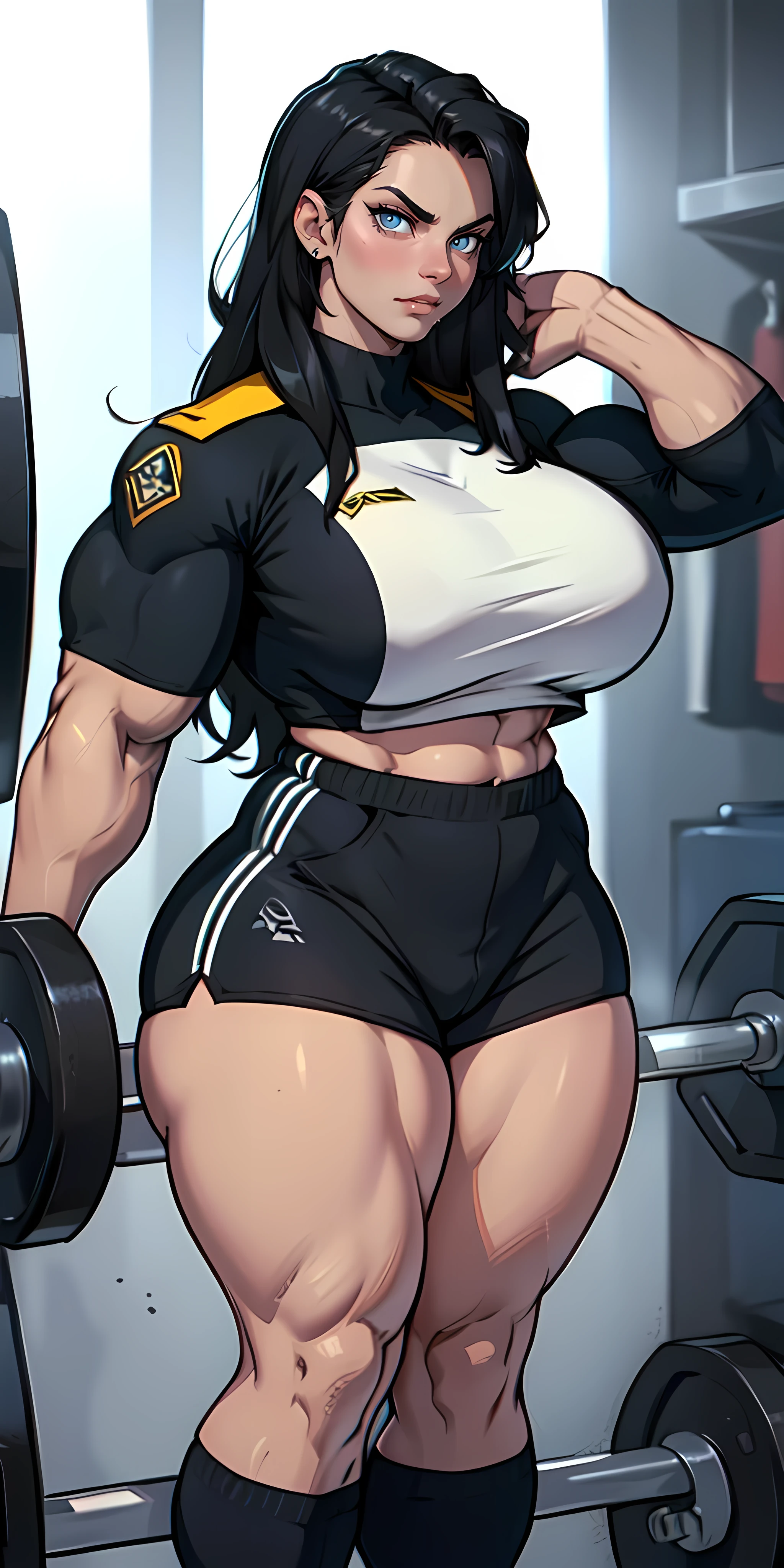 (((((massive female bodybuilder 1girl))))) ((((huge breasts)))) thick thighs (NSFW) tight shirt tight pants (pale skin) black hair yellow eyes very long hair ((full body))