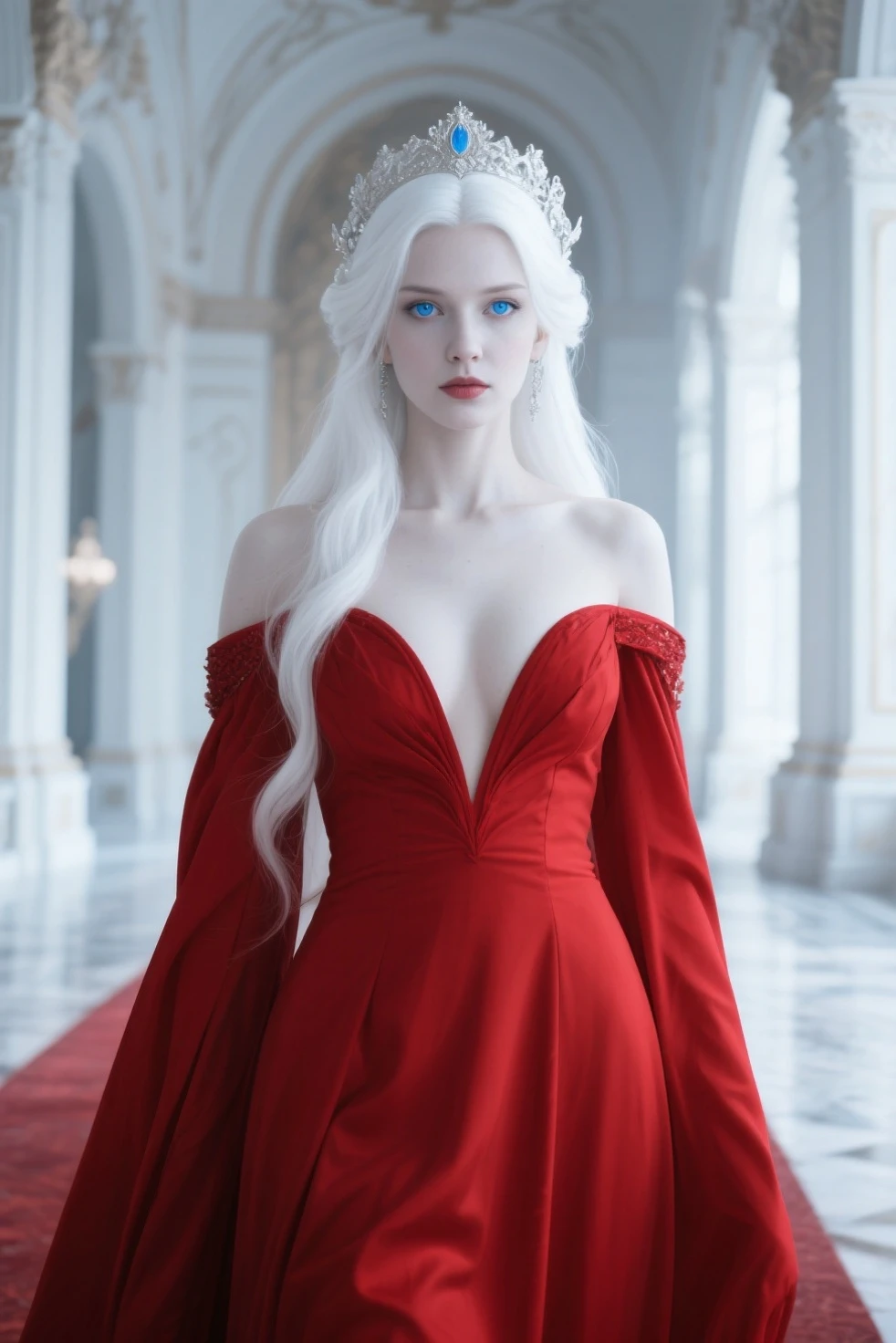 1 magician woman, very pale skin color, expressive black eyes, elf ear, white hair, dressed with a red drape, using his fire magic , full length portrait , mystical dungeon interior atmosphere in background, detail richness, masterpiece, best quality