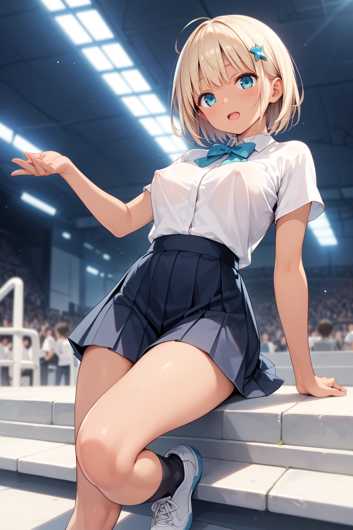 masterpiece, best quality, highres, idolmaster cinderella girls, 1girl, grey hair, short hair, blue eyes, large breasts, pom pom \(cheerleading\), cheerleader, blue skirt, mini skirt, blue camisole, smile, open mouth, spread legs, stadium, cloud, cowboy shot, (from below:1.2)