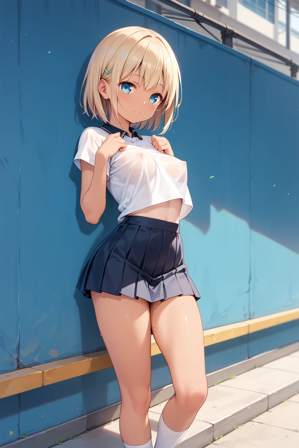 (masterpiece, highest quality, ultra high res, ultra detailed:1.3), 1 cute girl, ideal ratio body proportions, blonde short hair, uniform, clothes covered nipples, blue pleated mini skirt, (white panties, high kicking the viewer:1.4), angry look, cameltoe, dynamic angle,