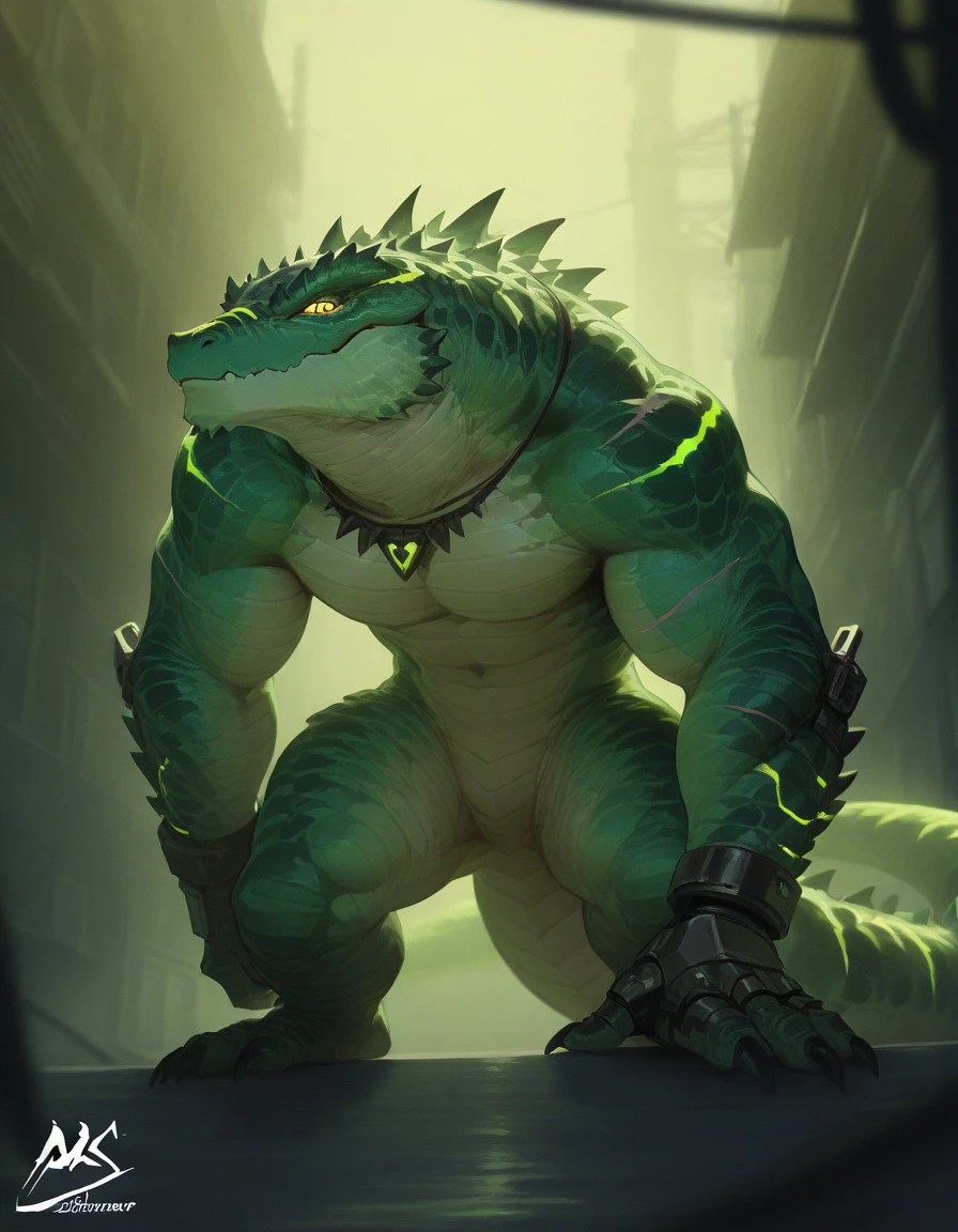 masterpiece, best quality, amazing quality, very aesthetic, absurdres, newest, scenery, extreme detail, 8k, detailed eyes, yellow eyes, by Riolutiny, anthro, reptile, male, scalie, lizard, solo, extremely detailed scales, yellow eyes, bara, the Blue tongued Skink and the green tailed skink hybrid, dark-green body, thick tail, glowing iris, strong, thick scales on arms and legs, marked jaw, alien bar background, looking at viewer, front view, In an alien bar, a towering lizardman stands out among the patrons. His body is muscular and covered in dark, textured scales that shimmer under the dim lights. Mechanical limbs replace his natural arms, showcasing intricate designs with glowing accents. Scars run along his torso and limbs, hinting at a fierce past. The bar is filled with strange, colorful creatures and futuristic decor, enhancing the otherworldly atmosphere.
