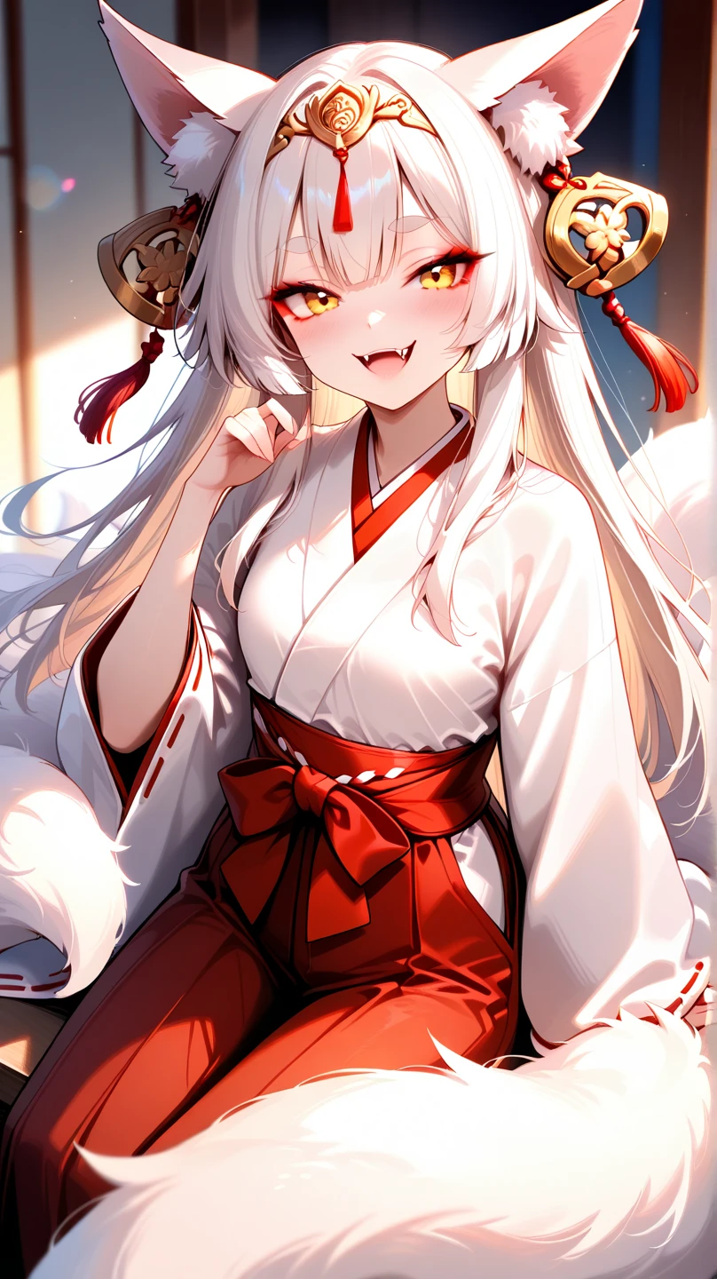 1girl, fox girl, fox ears, fox tail, long white hair, black stockings, shiro, facial mark, red japan gates, torii gates, loose hair, white clothes