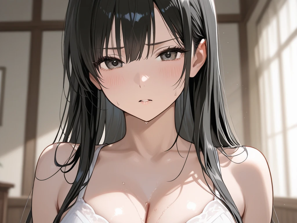 Cute , Sexy mature women,chubby cheek,sexy,realistic skin,huge saggy breast, nipple out,muted colours, pale white skin, mature women,black hair, long hair, (hair over one eye:1.4), Messy hair,hair between eyes ,low pony tail,sleepy eyes ,beautiful,pucker lips,smeared lipstick,charm,pubic hair pussy,dense pubic hair,blush on